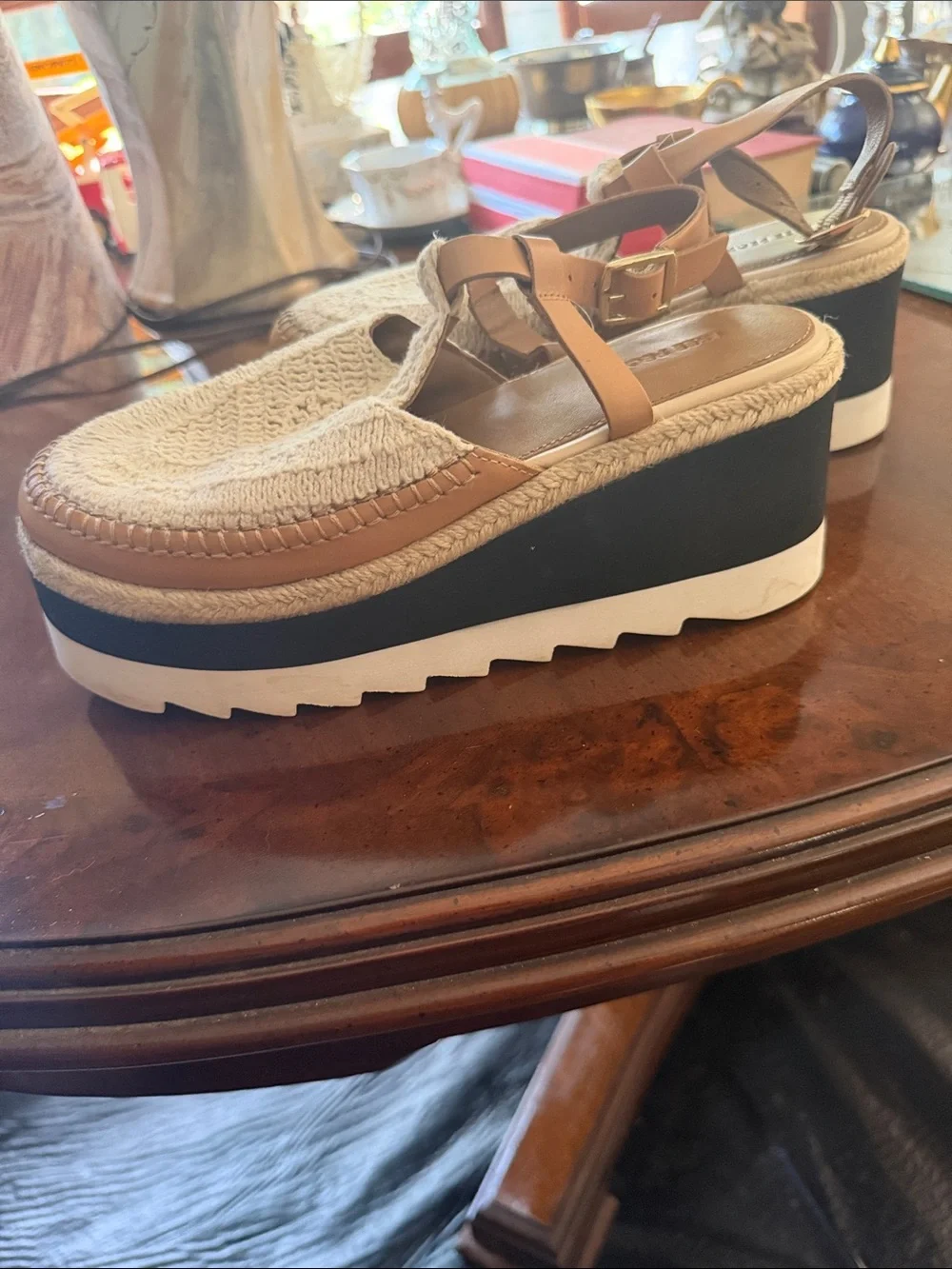 Free People Cream Crochet Espadrille Platform Sandals with Tan Trim
